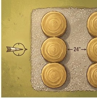 Top-down view of round bales in a row on gravel pad with 24-inch gap between rows and flat ends facing prevailing weather direction