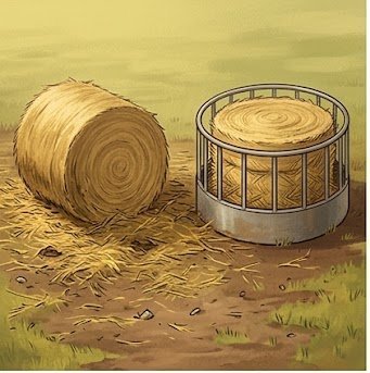 Round bale on the left with hay scattered and wasted on the ground, and round bale on the right contained inside a metal hay ring feeder with minimal waste