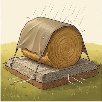 Cross-section diagram of a round bale stored outdoors on a gravel pad with a tarp draped over the top and open at both ends for airflow
