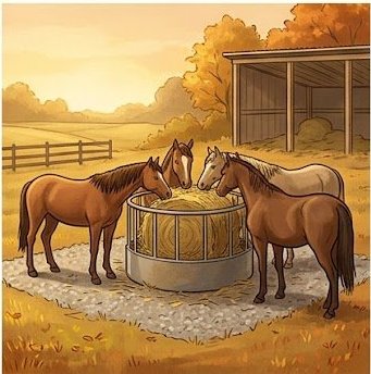 Three horses eating from a round bale inside a hay ring feeder on a gravel pad at a small farm